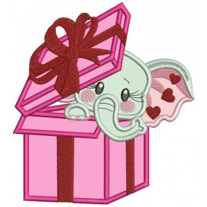 Cute Little Elephant Hiding in a Gift Box Applique Machine Embroidery Design Digitized Pattern
